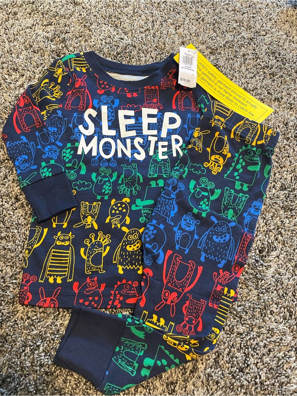 Old Navy Navy Sleep Monster Pajama Set with Red, Yellow, Green & Blue Monsters